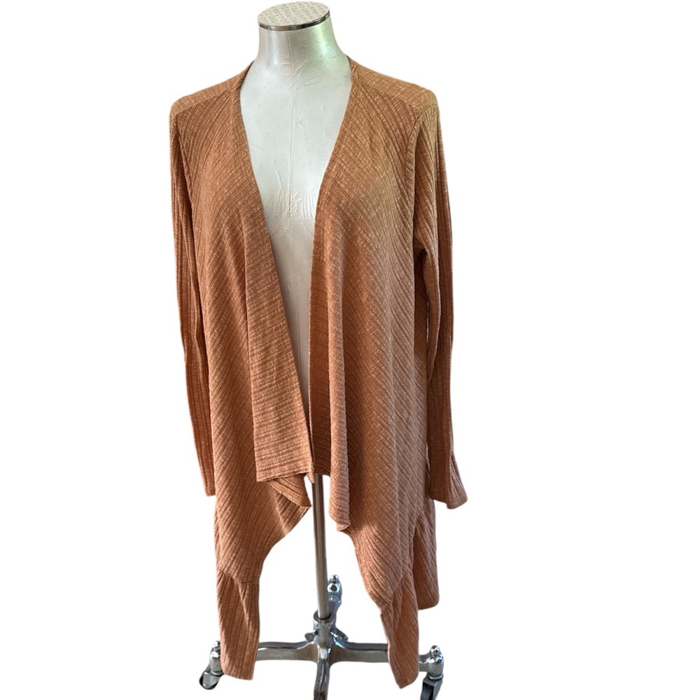 Ces Femme Women’s Long Cardigan ruffle hem ribbed textured lightweight k…